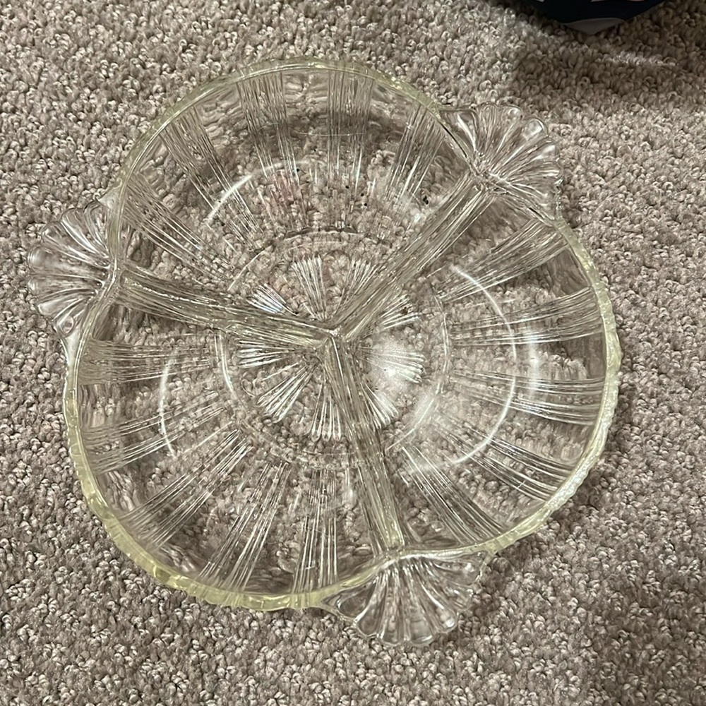 Hazel Atlas Depression Cut-Glass 3 part divided relish dish bowl